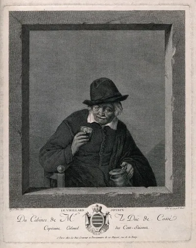 An old man sits content with a glass in one hand and a tankard in the other