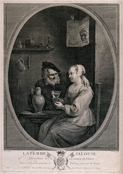 An old man sits with his arm round a girl and plies her with drink as his wife watches through a window