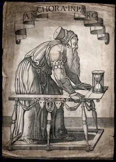 An old man with a beard in a walking frame with an hourglass; representing lifelong learning