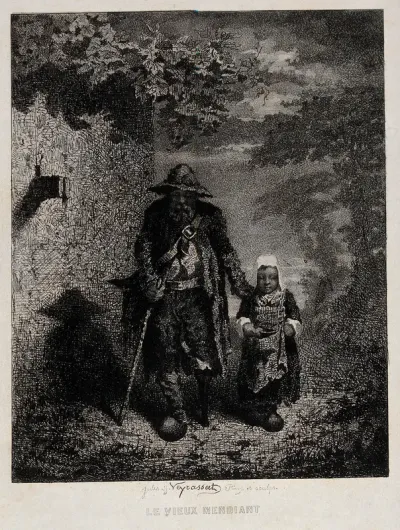 An old man with a wooden leg and a stick is accompanied by a girl carrying a bowl in her right hand