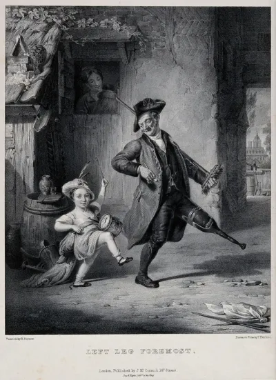 An old man with a wooden leg, probably a former soldier, marches with a shouldered broomstick to the drum beaten by a child behind him