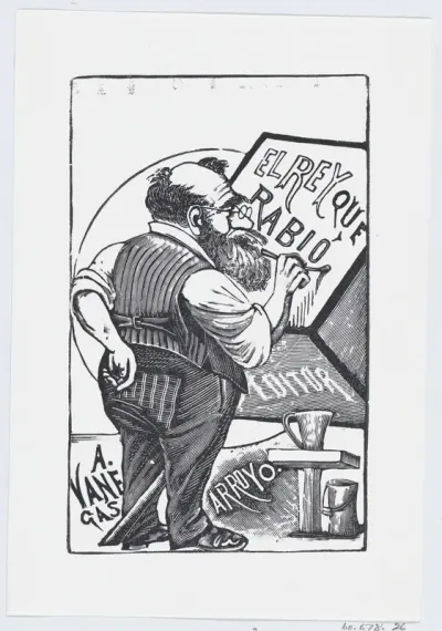 An old man with spectacles and one hand behind his back painting on a wooden block, illustration for 'El Rey que Rabio'