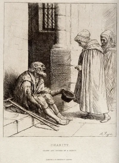 An old man with two crutches is sitting on the steps of a church begging for alms from two women entering the church