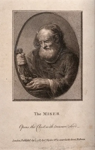 An old miser unlocks his treasure chest and clutches a bag of money