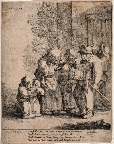 An old pedlar shows his wares to a crowd of people among which an old lady wearing spectacles takes a keen interest