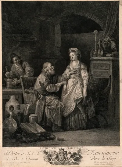 An old physician is taking a young woman's pulse and pointing to her heart, implying that she is suffering from lovesickness, the physicians' assistant is grinning and mixing a concoction