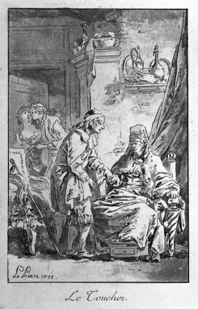 An old physician taking the pulse of a seated patient; representing the sense of touch