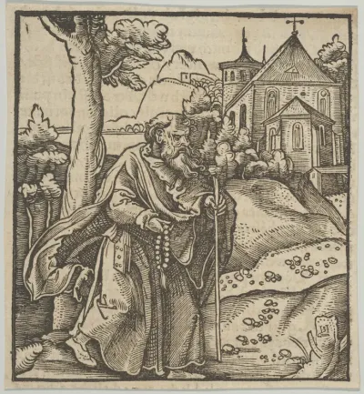 An Old Pilgrim Walking to the Right, from Hymmelwagen auff dem, wer wol lebt...