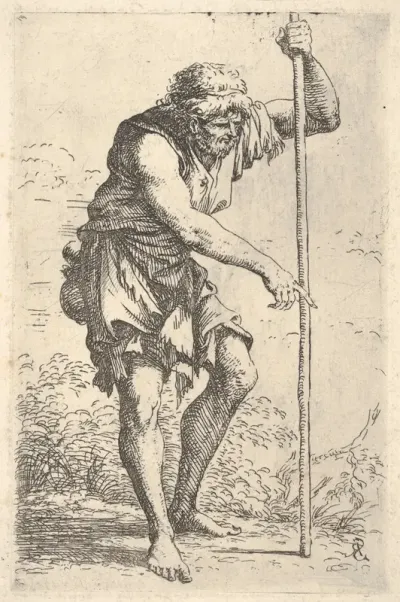 An old, ragged man with a gourd on his hip walking with a staff, from "Figurine"