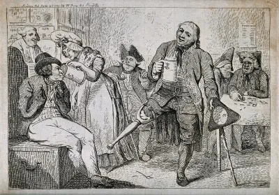 An old sailor with wooden leg and a man with no arms drinking in a tavern; below is a song about their seafaring days