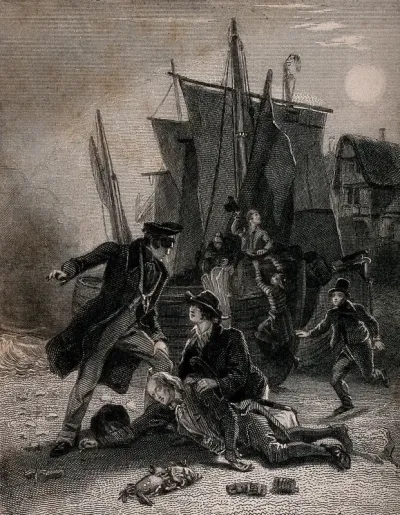An old smuggler (Mr Moffit) is shot dead by a naval inspector with a pistol, who finds rolls of tobacco in the dead man's pockets; other people attend the scene