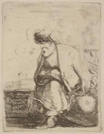 An Old Turk with Turban Seated on a Rock