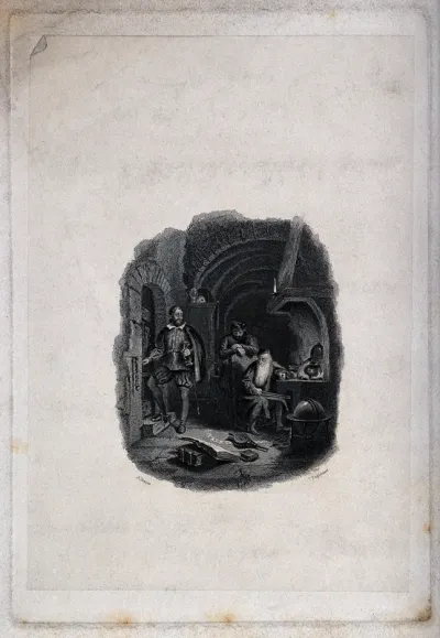 An old wizard sitting within a magic circle at his desk visited by a nobleman