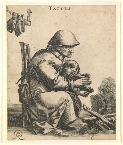 An old woman and a child warming their hands from a fire; representing the sense of touch