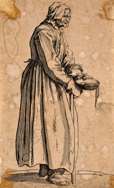 An old woman dressed in rags carrying a bowl in her left hand and a stick in her right hand