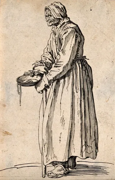 An old woman dressed in rags carrying a bowl in her right hand and a stick in her left hand