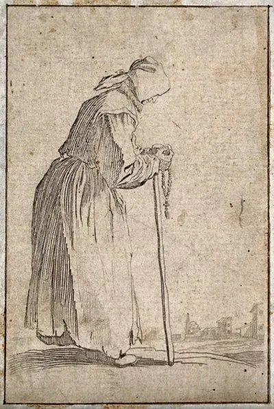 An old woman dressed in rags holding a rosary in her right hand and a staff in her left