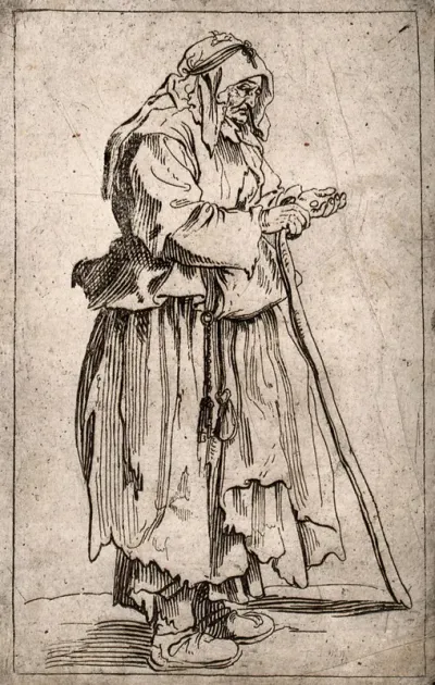 An old woman dressed in rags holding a stick in her right hand, counting the coins in the palm of her left hand
