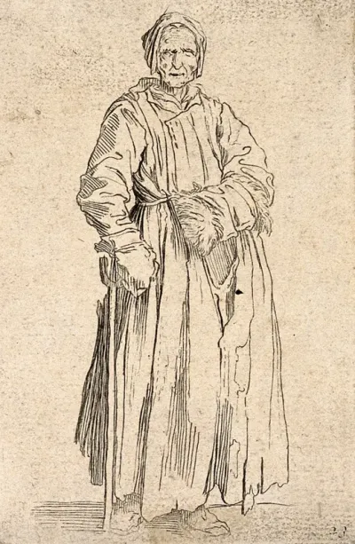 An old woman dressed in rags holding her left arm in a bandage made of straw and a stick in her right hand