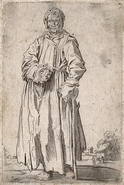 An old woman dressed in rags holding her right arm in a bandage made of straw and a stick in her left hand