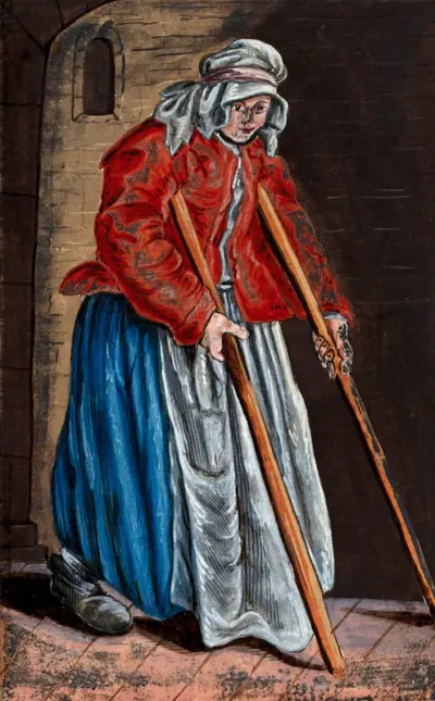 An old woman dressed in rags moving with the aid of two crutches