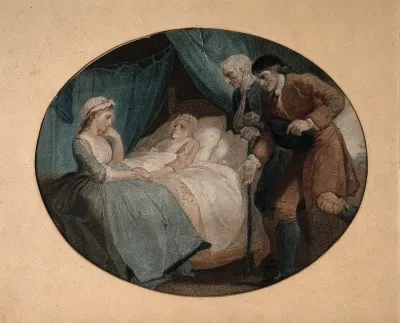 An old woman dying with her hand held by her daughter; two men, with impaired limbs, pay their last respects