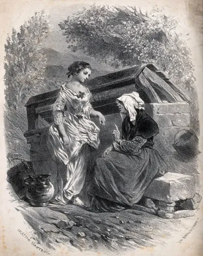 An old woman gives advice to a young woman at a well