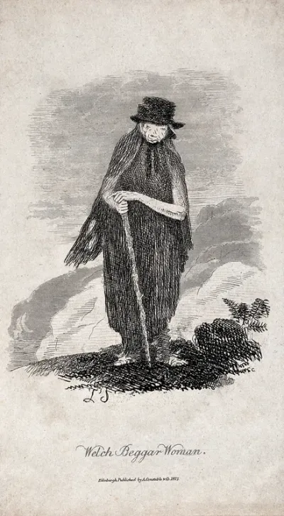 An old woman in ragged clothes with a stick