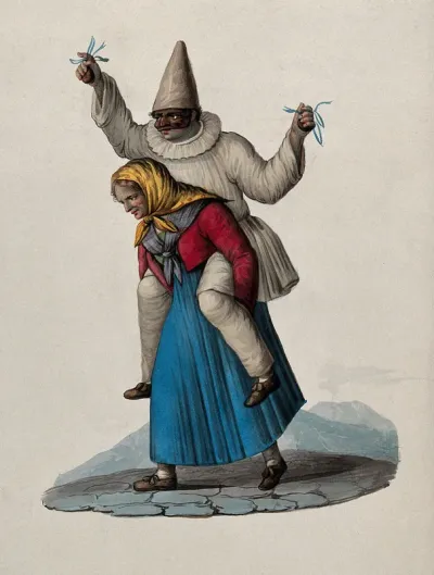 An old woman is carrying a masked pierrot on her shoulders