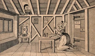 An old woman is praying for a man to come into her life while a young man is watching from a hole in the roof
