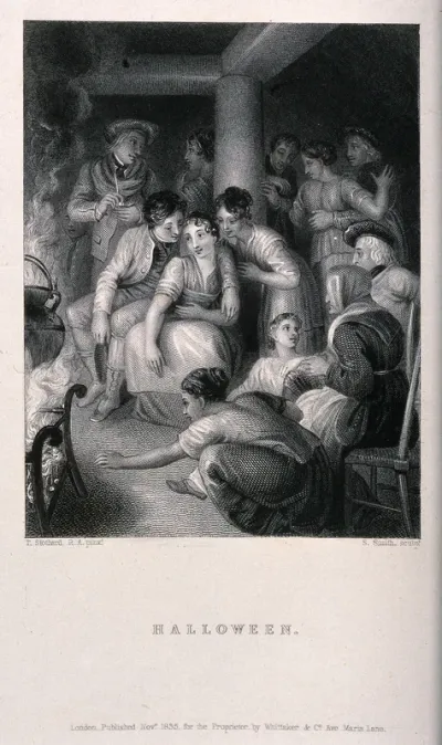An old woman is sitting on a chair with young people around in groups and a large cauldron on an open fire