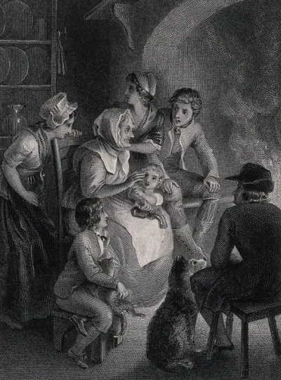 An old woman is telling some children a story which they appear to be disturbed by