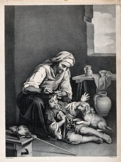 An old woman picking fleas from a boy's hair