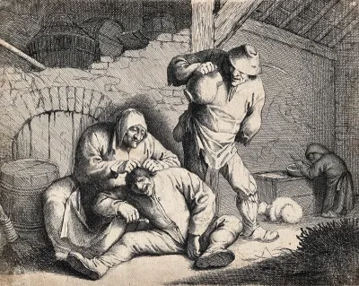 An old woman picking fleas from a man's head, behind them a man holds up a jug and in the background a dwarf preparing food looks on
