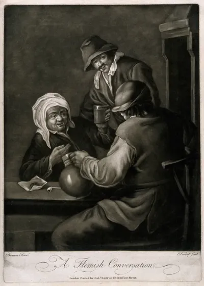 An old woman raises her glass to two men, one with a jug and pipe