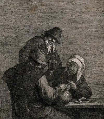 An old woman raises her glass to two men, one with a jug and pipe