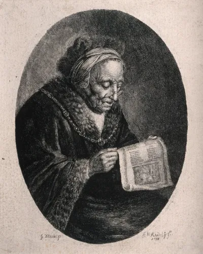 An old woman reading with a fur-trimmed hat and coat