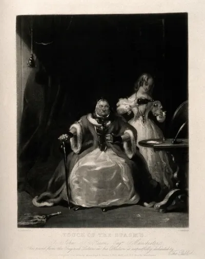 An old woman sits in a chair after one of her turns, while a younger woman pours her medication