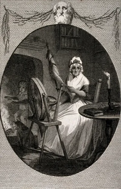 An old woman sits spinning by candelelight as a boy and a cat warm themselves by the fire