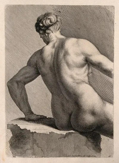 An old woman sitting in the nude: back view