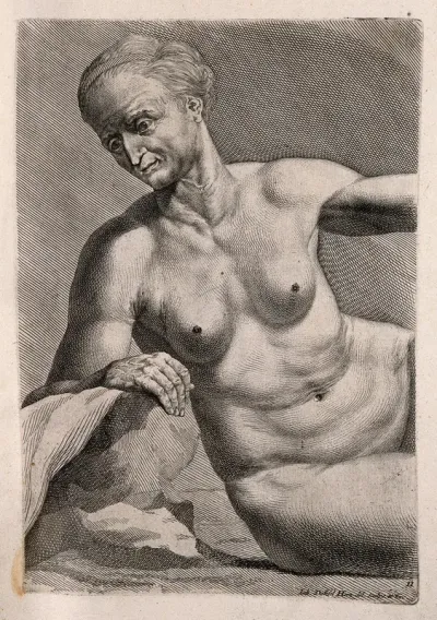 An old woman, sitting in the nude