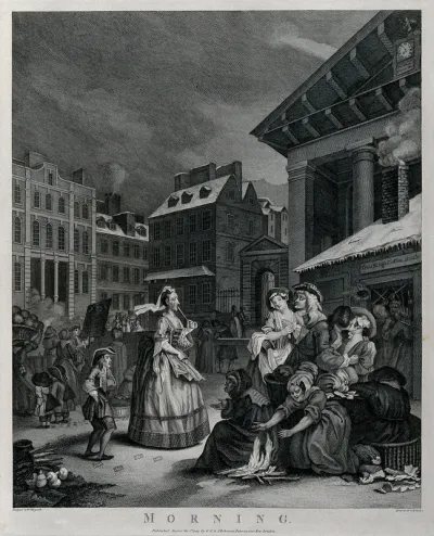 An old woman, the prude, is standing near a crowd of people huddled around a bonfire in Covent Garden; representing the morning