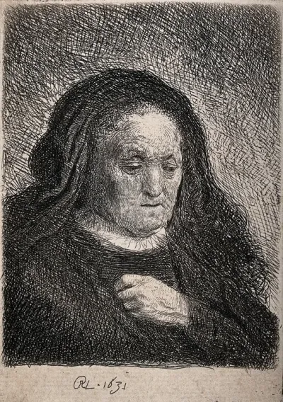 An old woman wearing a black veil, identified as Rembrandt's mother