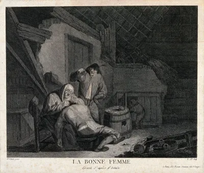 An old woman wearing spectacles picking fleas or lice from a man's hair; behind her stands a man who holds up a jug