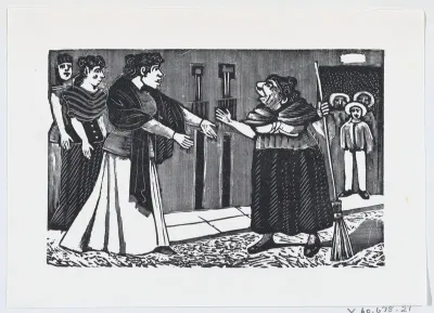 An old woman with a broom in her hand arguing with a younger woman from a broadside entitled 'El Pleito de Vecindad'