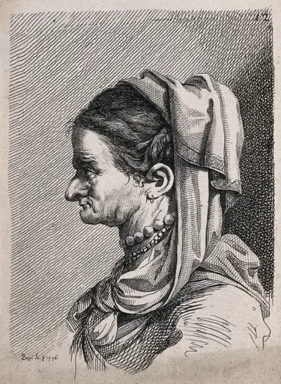 An old woman with a crumpled face, wearing elaborate costume; a physiognomic caricature