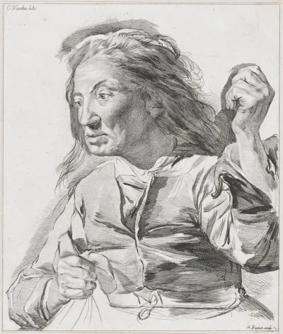 An old woman with clenched fists