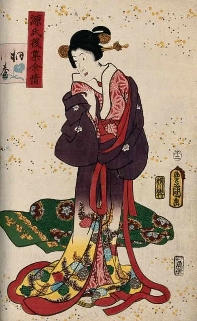 An older woman is undressing; her broad sash (obi) lies on the ground behind her