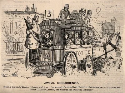 An omnibus full of distraught women due to leeches having escaped from their broken jar