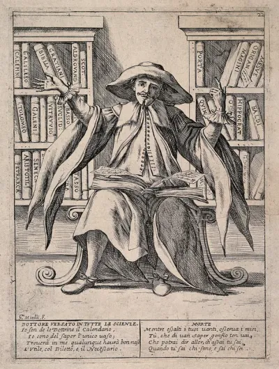 An omniscient virtuoso gestures boastfully at all the knowledge that lies available to him